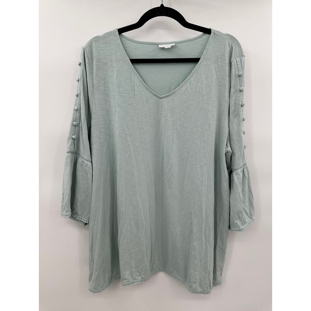 J. Jill Aqua Blue Green Bell Sleeve V Neck Blouse Button Detail Women's Size XL